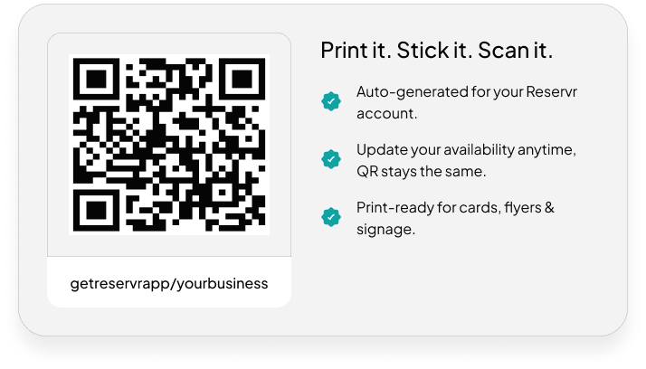 Reservr QR code card with tagline: Print it. Stick it. Scan it.